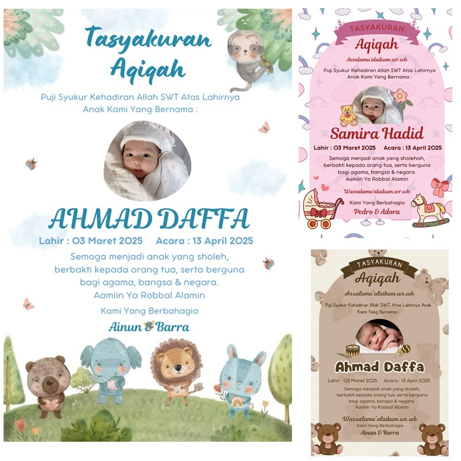 Stiker / Kartu Ucapan Tasyakuran Aqiqah Kelahiran Anak Bayi Custom Photo Nama