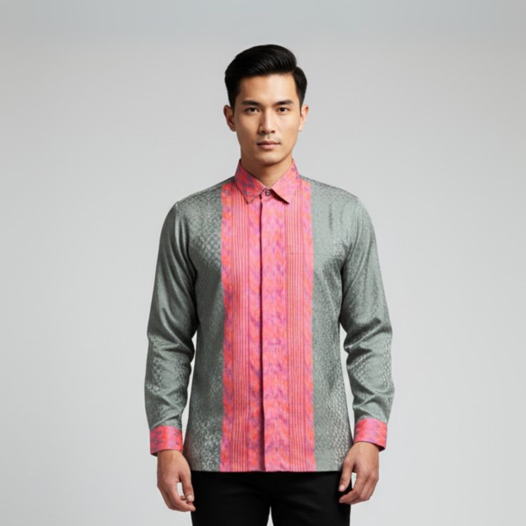 WOVNARA Tenun Premium Pandhanarumi - Kemeja Songket Tenun Baron Pria Lengan Panjang warna Green Pink