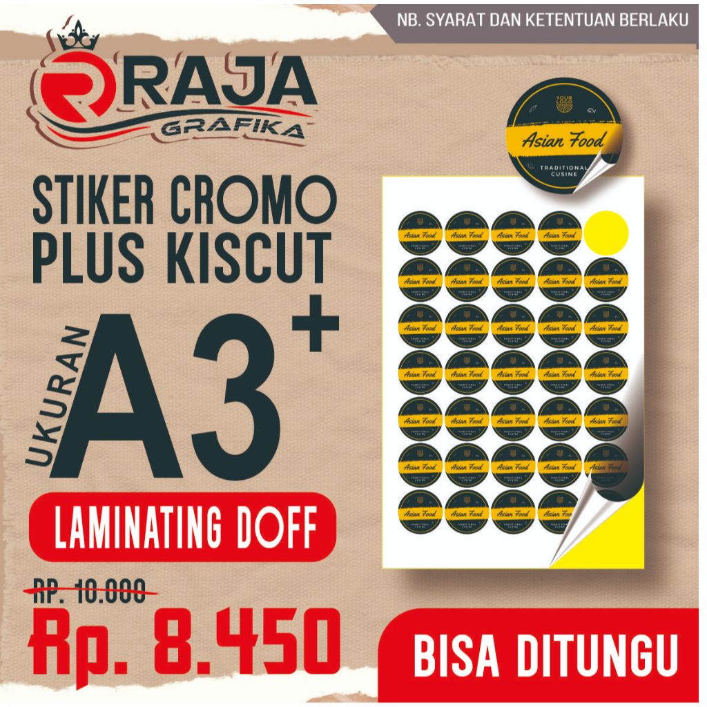 

CETAK STIKER CROMO LAMINATING PLUS KISSCUT KEMASAN A3+