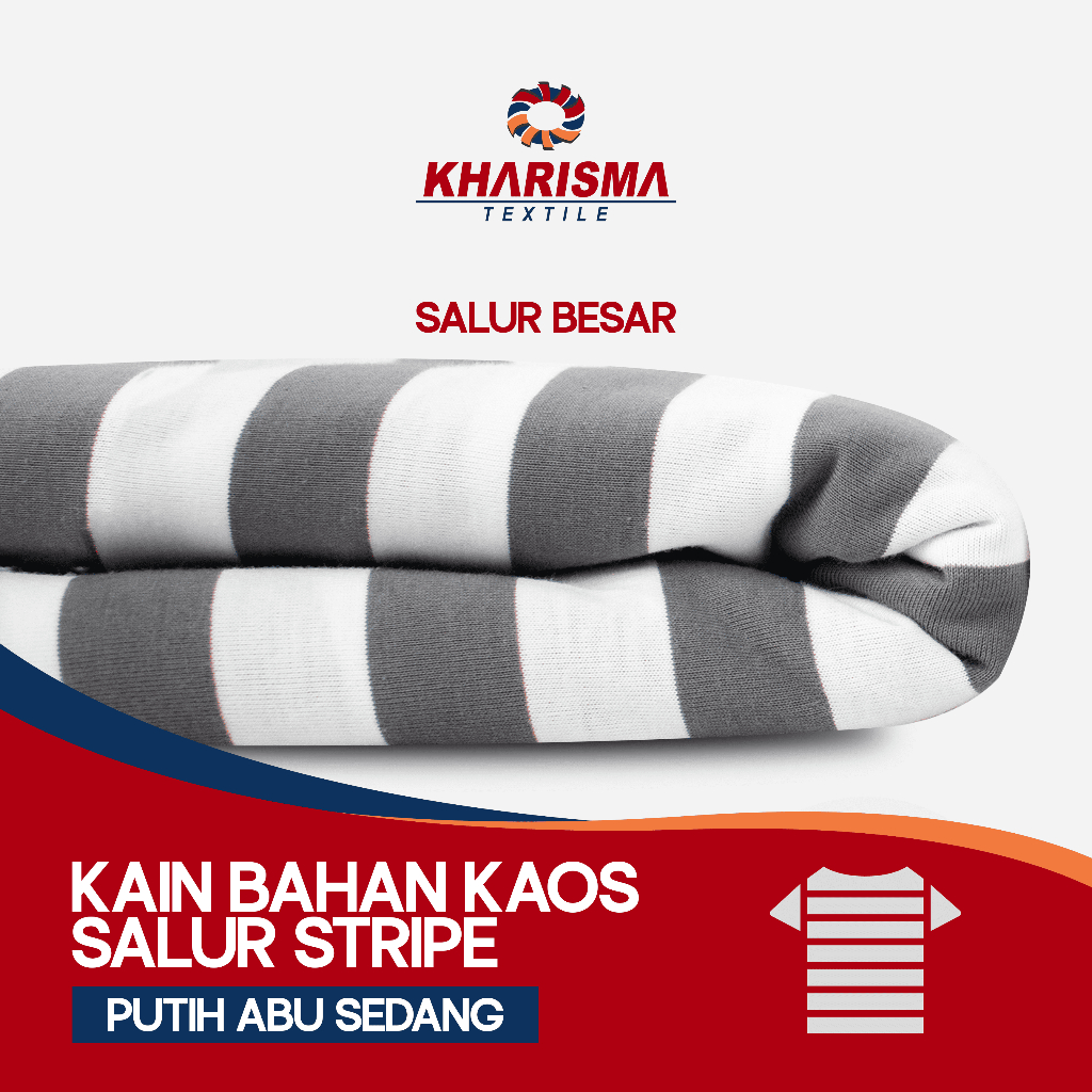 Kain Bahan Kaos Salur Besar 2cm Putih - Abu Sedang CVC 30s Corak Motif Garis Stripe Lebar 2 cm x 2 c