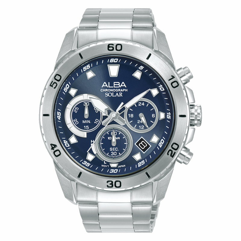 Alba AZ5013X1 Silver Blue Steel Chronograph Solar Jam Tangan Pria Original