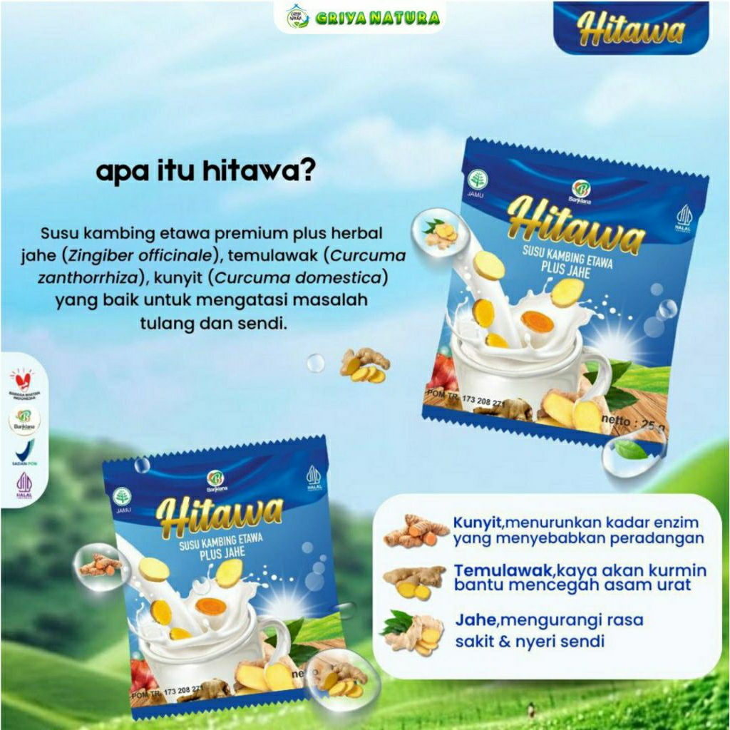 

Hitawa sachet, susu kambing etawa plus jahe merah, cocok untuk kesehatan sendi dan tulang