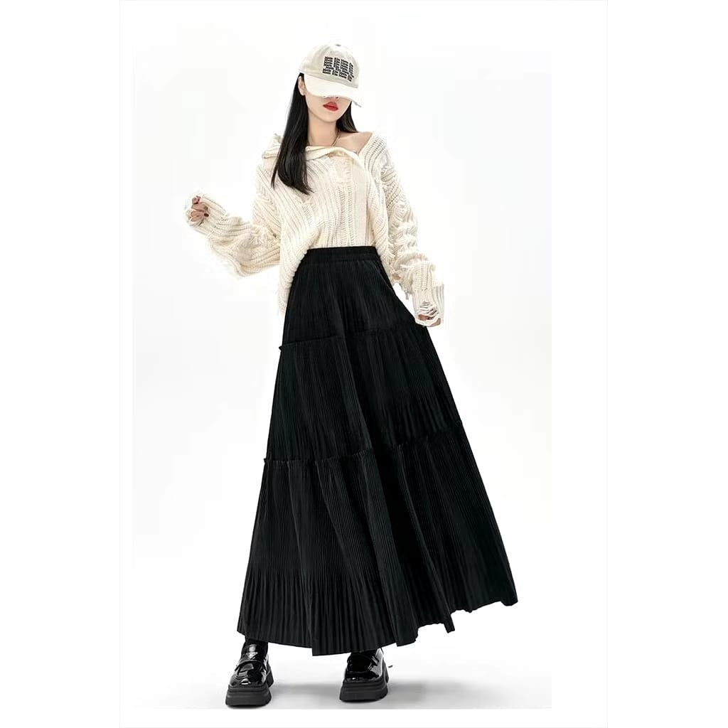 (LONG PLEATED) DRES KOREAN ROK PLISKET PANJANG rok Maxi rok susun tiga rok ombak tiga rok dewasa rok