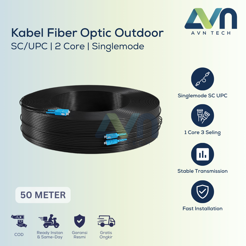 AVN Tech Kabel Fiber Optic (FO) 2 Core Outdoor Precon SC UPC Singlemode FTTH 50 Meter