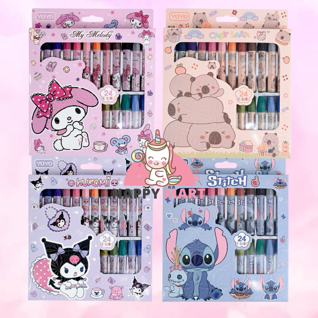 

Crayon / Oil pastel Warna 24 Colors Karakter stitch / capybara / kuromi / melody / cinnamoroll