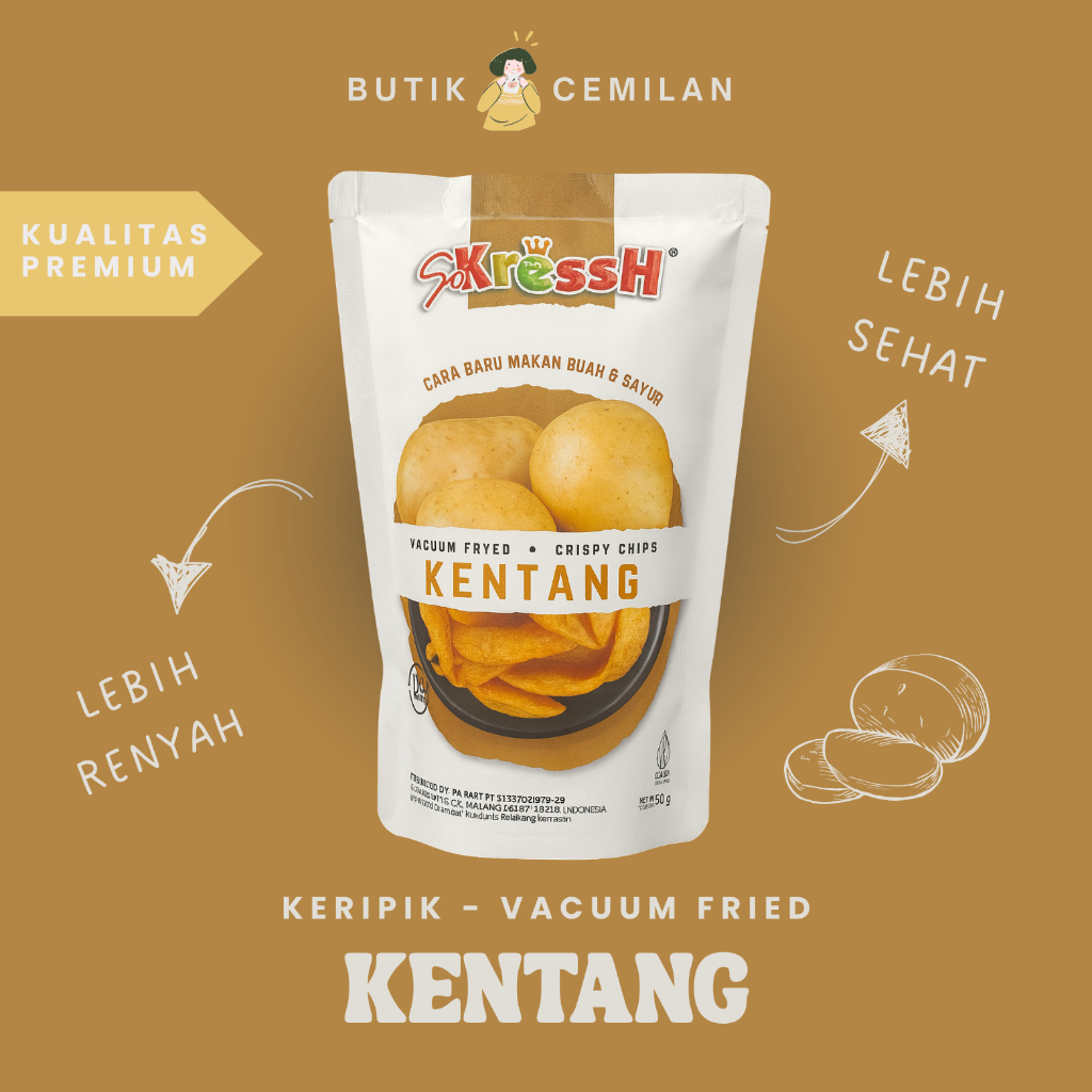 

Keripik Kentang Sokressh 50gr – Renyah Gurih & Sehat, Vacuum Frying Khas Malang