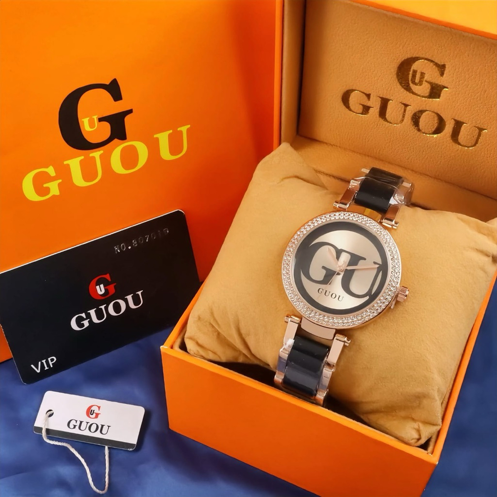 [ GuouTimepieces _Id ] New Jam Tangan Wanita Guou Rantai Steel Mika Free Fullset Sesuai Foto