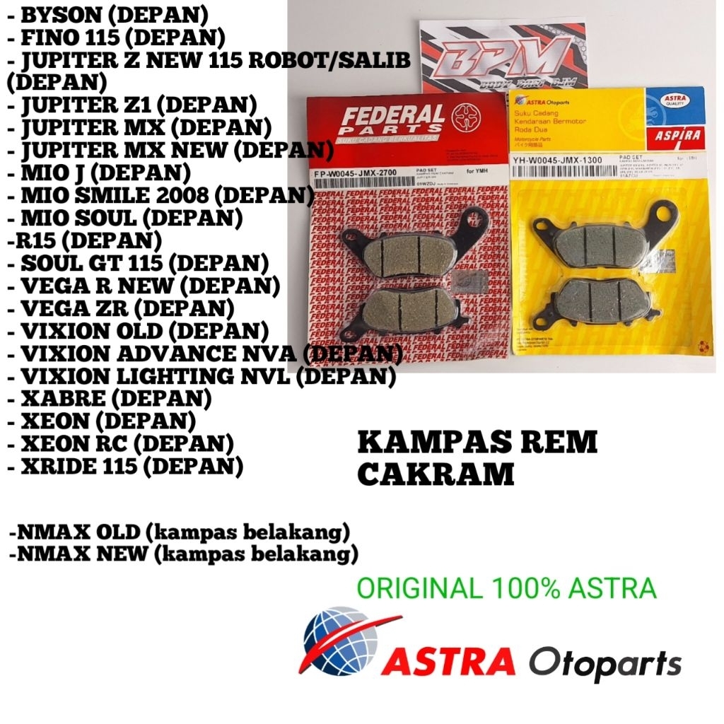 KAMPAS REM DEPAN YAMAHA  MIO GT J  MX NMAX SOUL GT DLL ORIGINAL FEDERAL ASPIRA