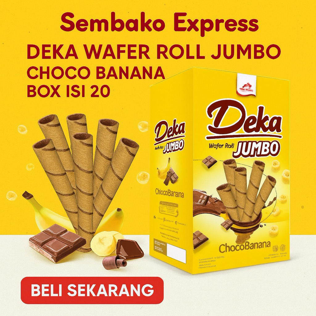 

Deka Wafer Roll Jumbo Choco Banana Box Isi 20 – Camilan Renyah Rasa Pisang Coklat