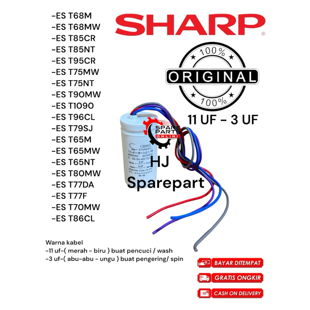 Kapasitor Mesin Cuci Sharp 2 Tabung 11 Uf + 3 Uf / Kapasitor Sharp ORIGINAL