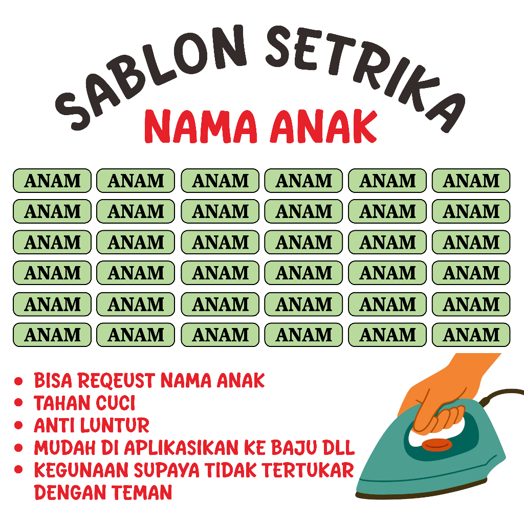 

BISA COD - Sablon setrika Stiker label nama stiker label nama dtf custom label nama anak FREE CUSTOM NAMA Stiker Label Baju Anak – Sablon Setrika Nama (Isi 36) Sticker Nama Label nama biar ga ketukar