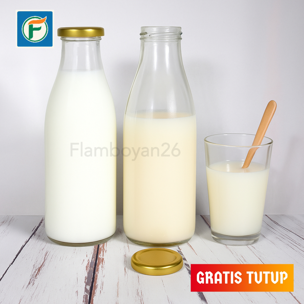 Botol Kaca 1 Liter Milk Jar Tebal Plus Tutup Cocok Jus Susu Jamu dan Usaha Minuman Packing Aman