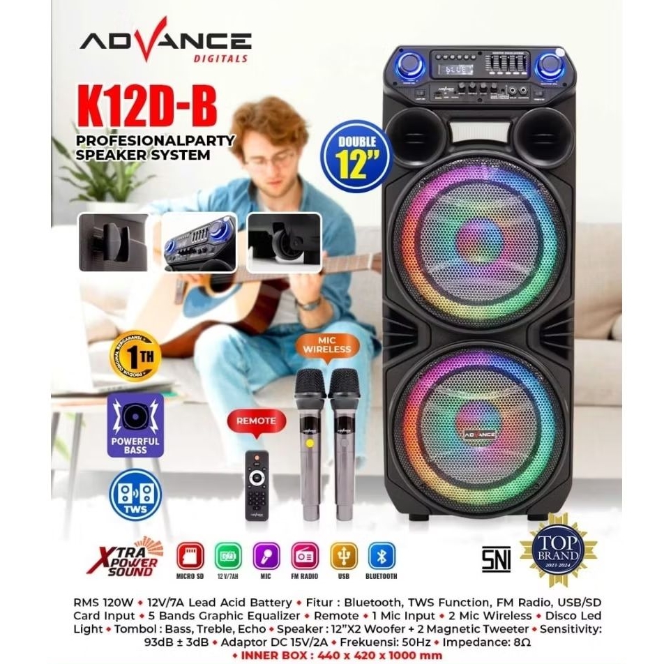 Speaker Bluetooth Portable ADVANCE K12D-B | 2x12" Woofer