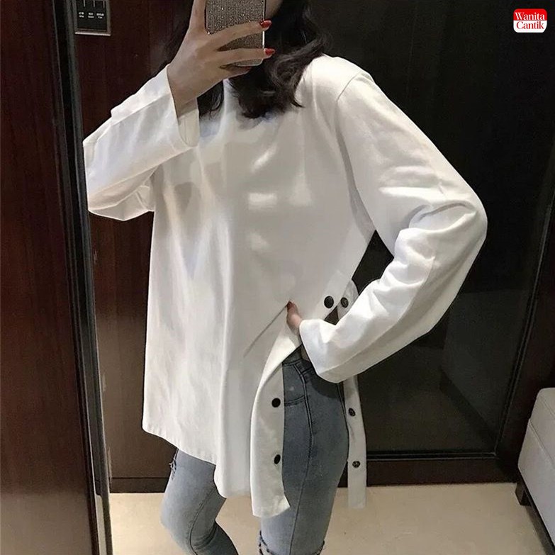 Kaos Lengan Panjang Wanita Korea Oversize Polos Putih Atasan Casual Belah Samping Basic T-Shirt
