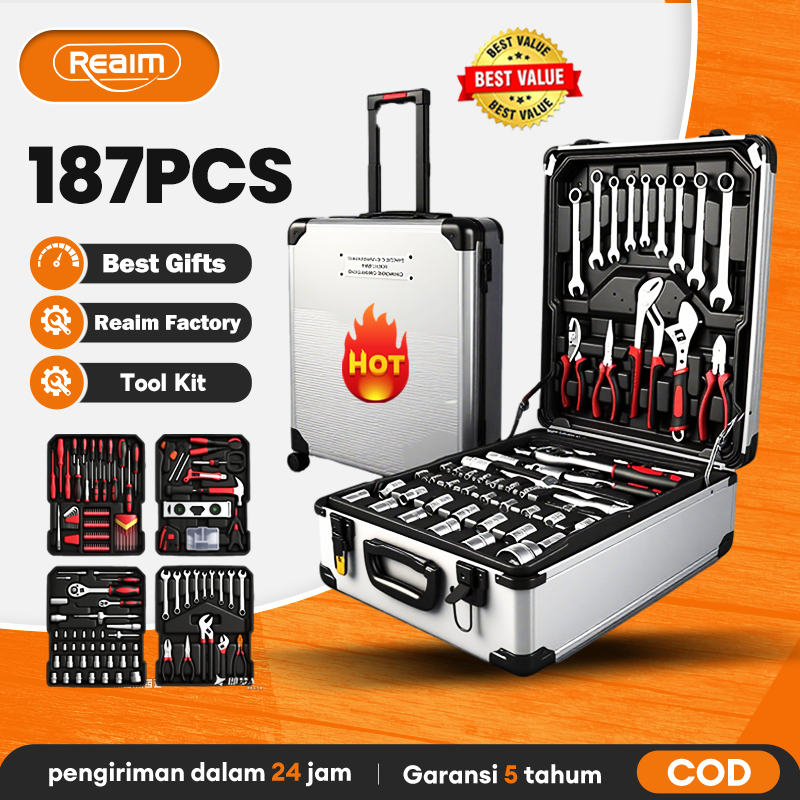 Reaim Tool Kit 187 PCS Perkakas Bengkel Dan Rumah Koper Lengkap Bahan Kuat