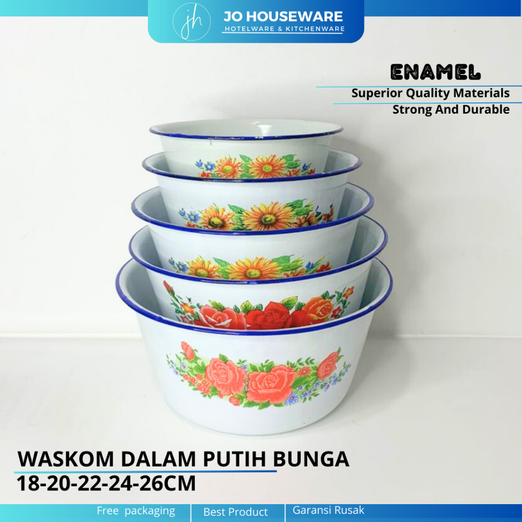 Waskom Tinggi Dalam Putih Enamel Motif Bunga (UK : 18, 20, 22, 24, 26cm) / Mangkok Saji Enamel Unik 