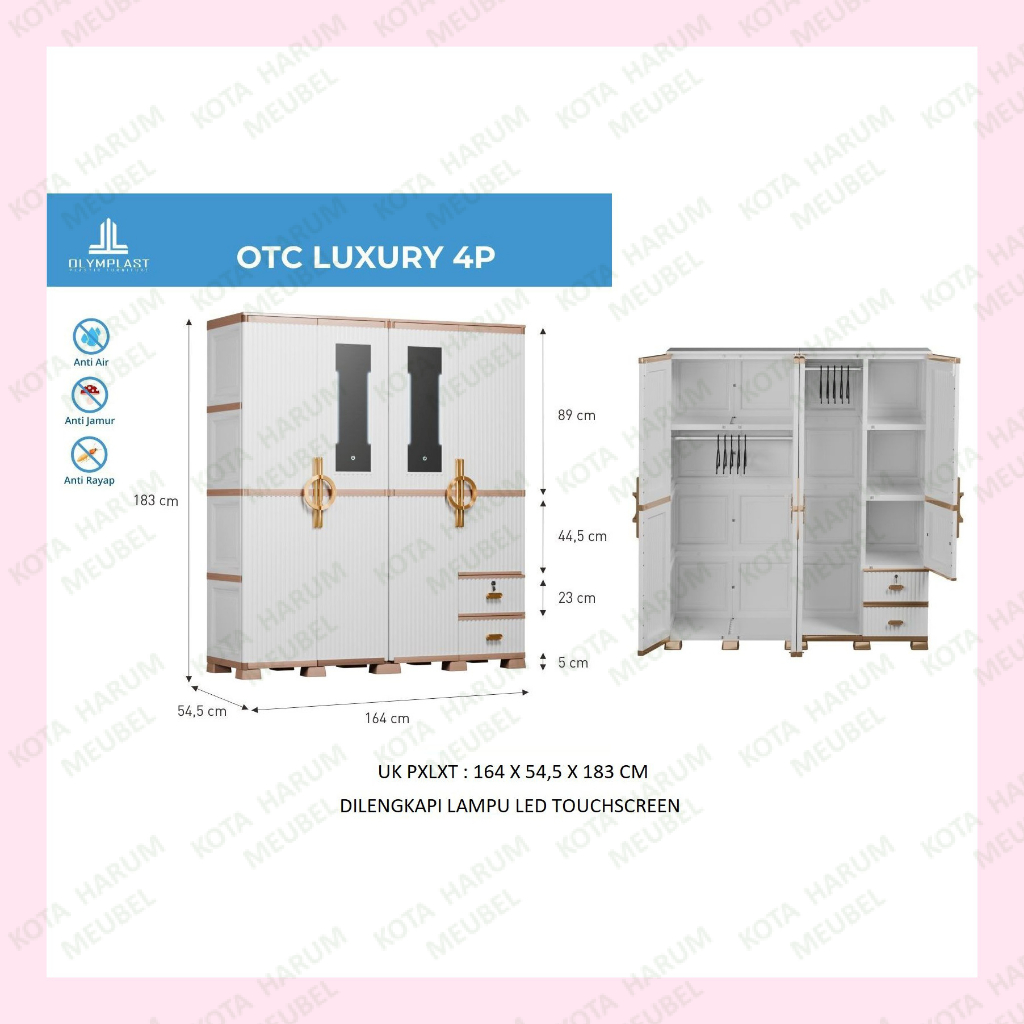 lemari baju pakaian plastik 4 pintu pakai kaca cermin pakai lampu led touchscreen olimplas olimplast
