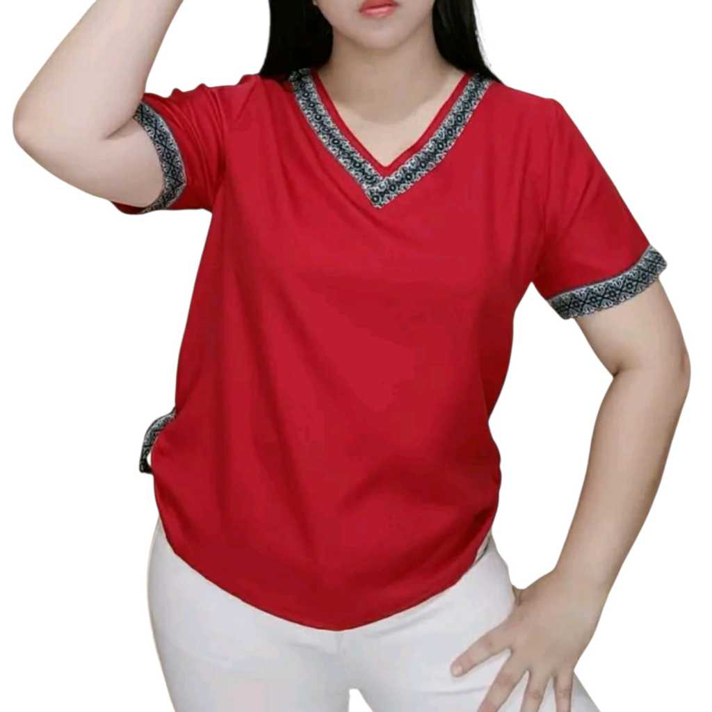 Blus Jumbo Siski Kerah V Kasual Wanita Bahan Shakila Polos Kombinasi Lis Batik Lengan Pendek