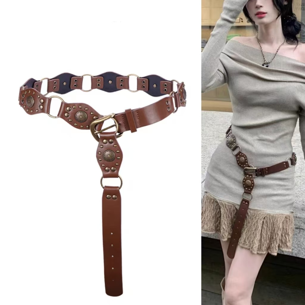 -IKIAELO- Fashion Wanita Kulit Punk Belt Retro Denim Punk Untuk Sabuk Pinggang Cewek Ikat Pinggang