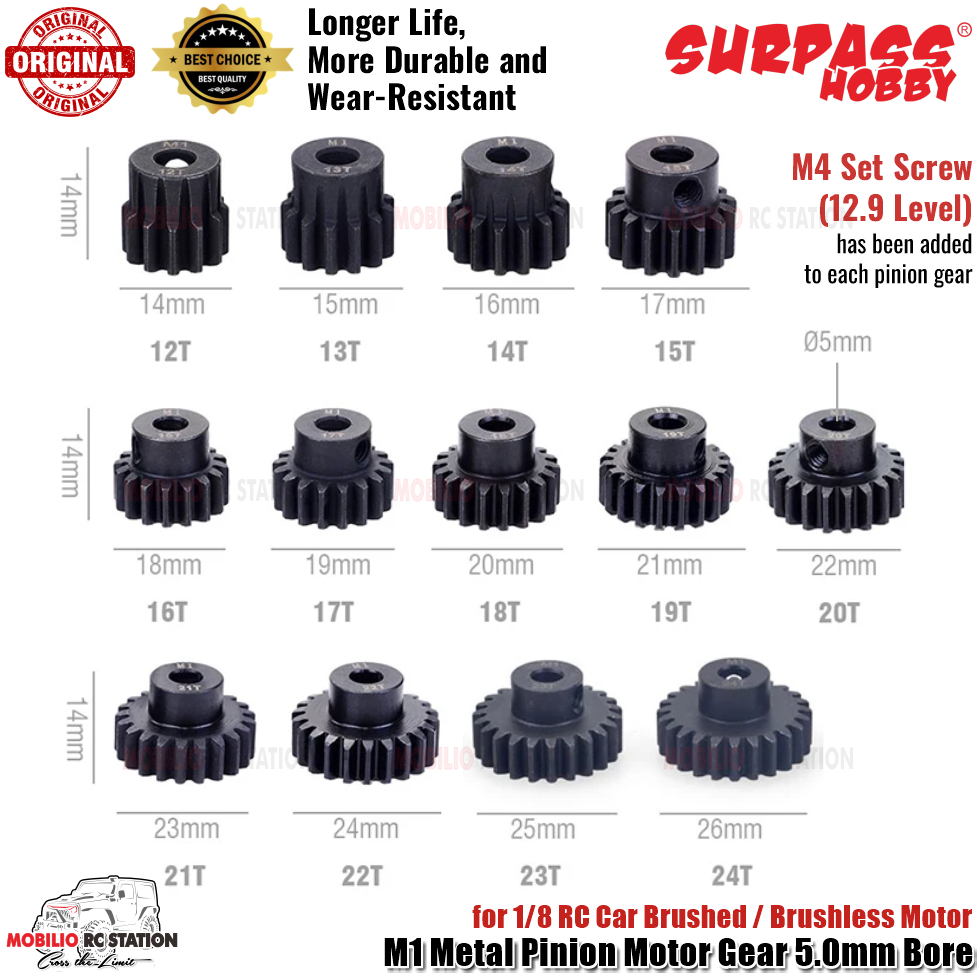 Surpass Hobby M1 Metal Pinion Motor Gear 5.0mm Bore for 1/8 RC Car Brushed Brushless Motor