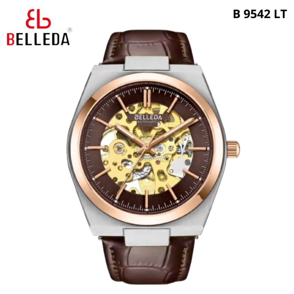 Jam Tangan Pria Belleda 9542 Automatic Movement Strap Kulit Luxury Stainless Steel Anti Air Original