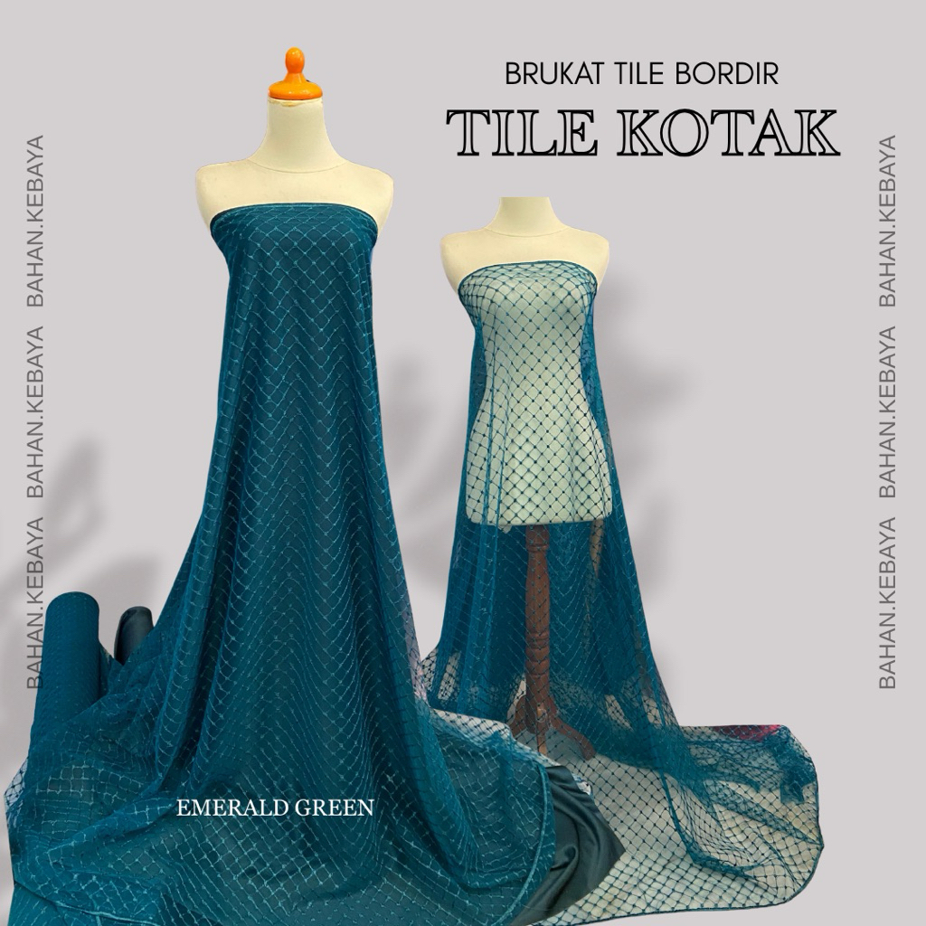 Bahan Kain Kebaya Brukat Tile Tulle Bordir Modern Motif Maze Kotak Warna Emerald Green Hijau Tua