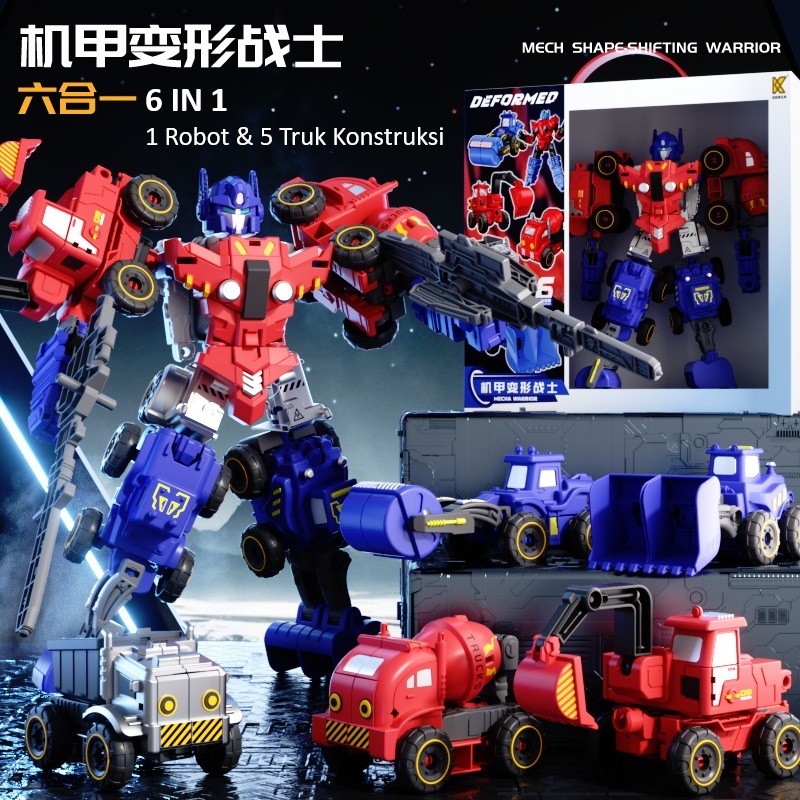 Mainan Robot Transformasi Kendaraan Konstruksi Truk 6-in-1 Terdiri dari 1 Robot Dengan 5 mobil Konst
