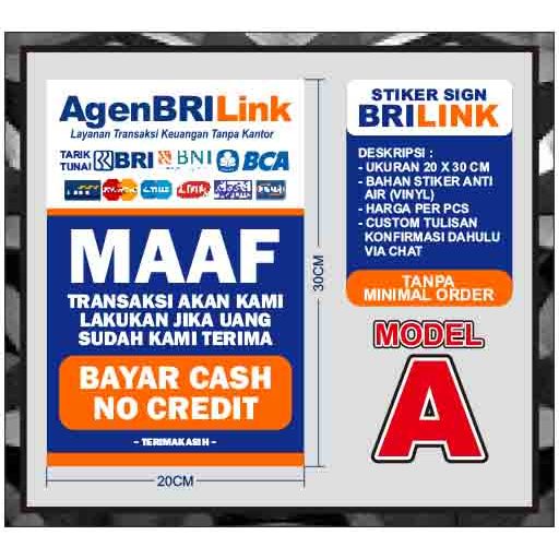 

CETAK STIKER VINYL ETALASE PENGUMUMAN BRILINK CASH NO CREDIT TOP UP TARIK TUNAI SOP DAFTAR BIAYA ADMIN