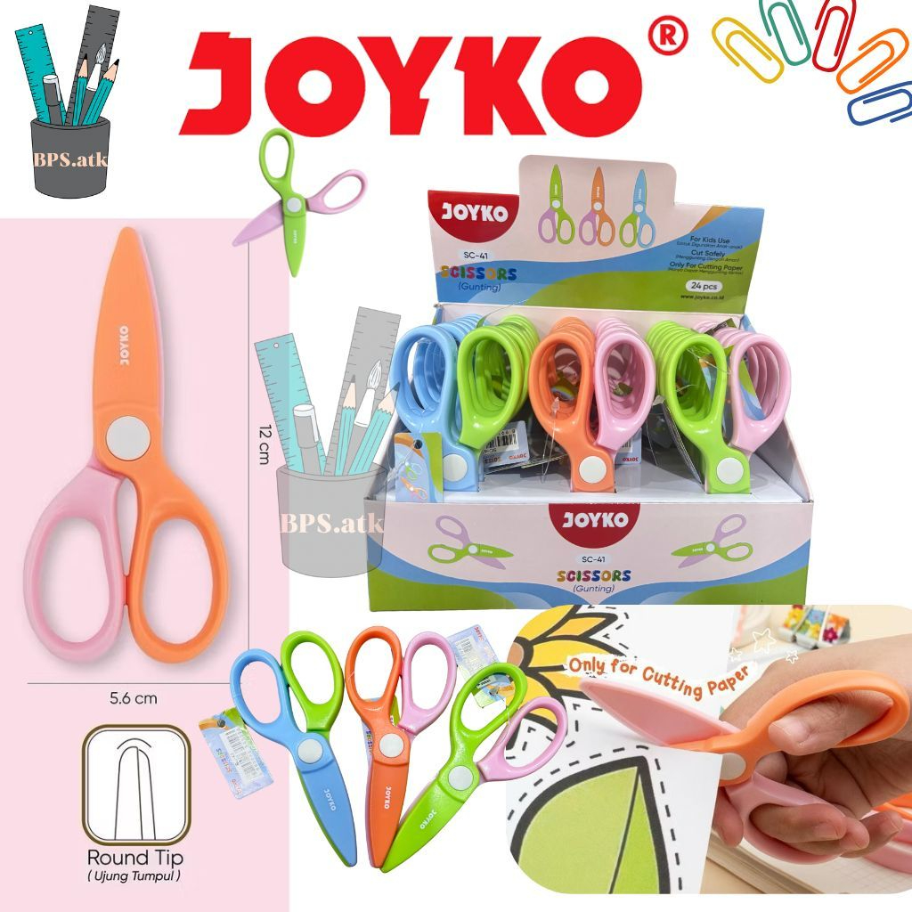 

(6/12/24 pcs) JOYKO Scissors Gunting Bahan Plastik SC-41 Gunting TK Ujung Tumpul