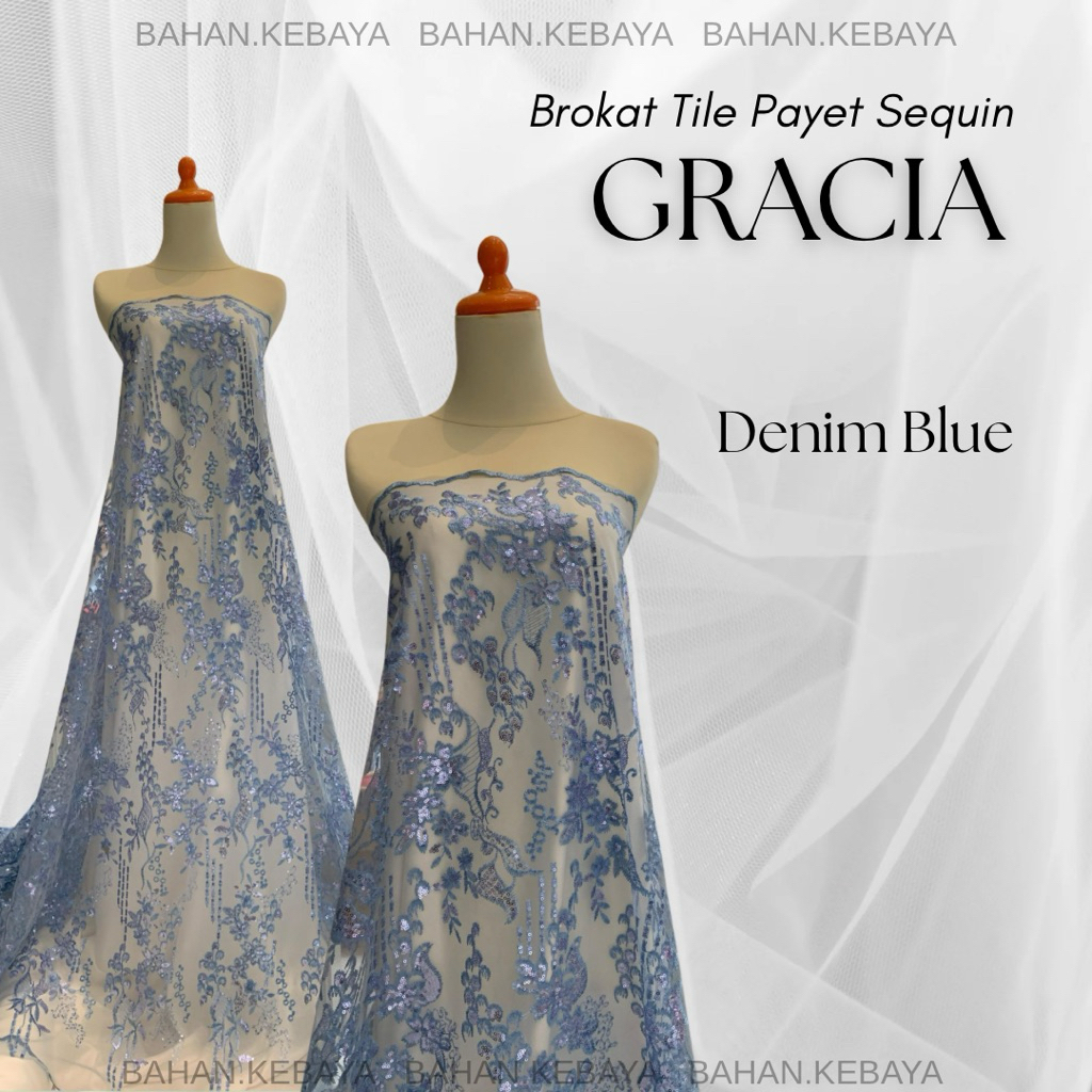 Kain Bahan Kebaya Brukat Tile Bordir Payet Mewah Gracia Warna Biru Blue Denim