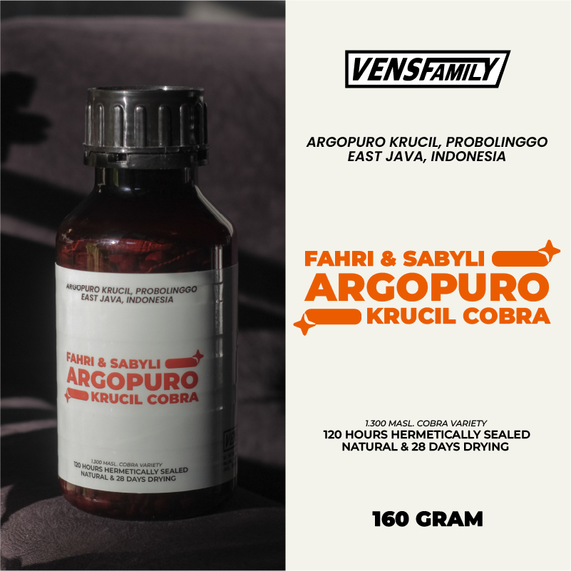 

Kopi Argopuro Krucil Cobra Hermetically Sealed Natural 120 Hours & 28 Days drying Process 160g