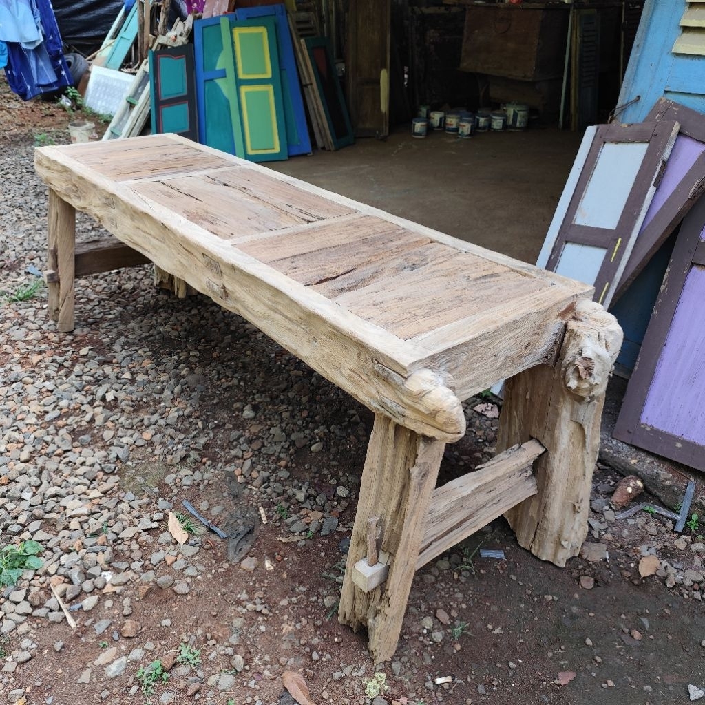 Set Meja Makan Jati Bekas Vintage Erosi Bantalan Rel Kereta Api