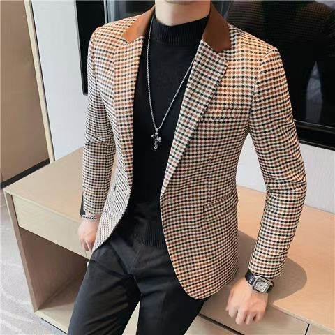 Jas Kotak Kotak Pria Berkualitas Setelan Casual Slim-Fit Tampan