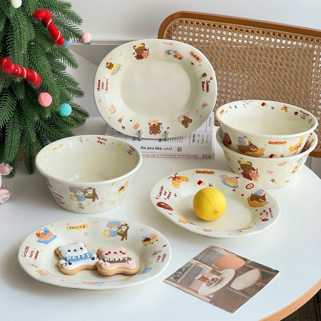 PM 47 SATUAN Piring Mangkok Keramik Set Motif Kartun Lucu ala Kafe Korea Tahan Panas / Ceramic Plate