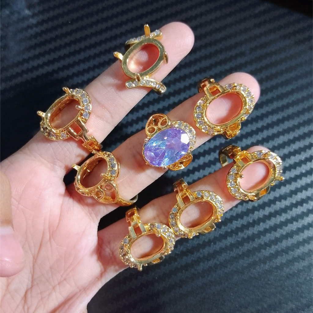 ring cincin alpaka cewek gold simple minimalis batu akik safir kalimaya