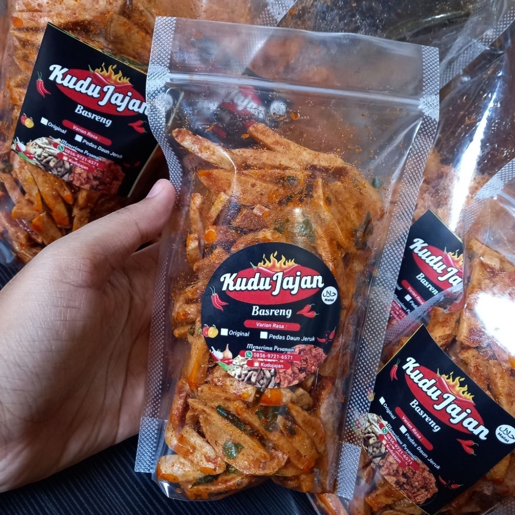 

Kudujajan Basreng Bakso Goreng Daging Pedas manis daun jeruk cemilan kekinian