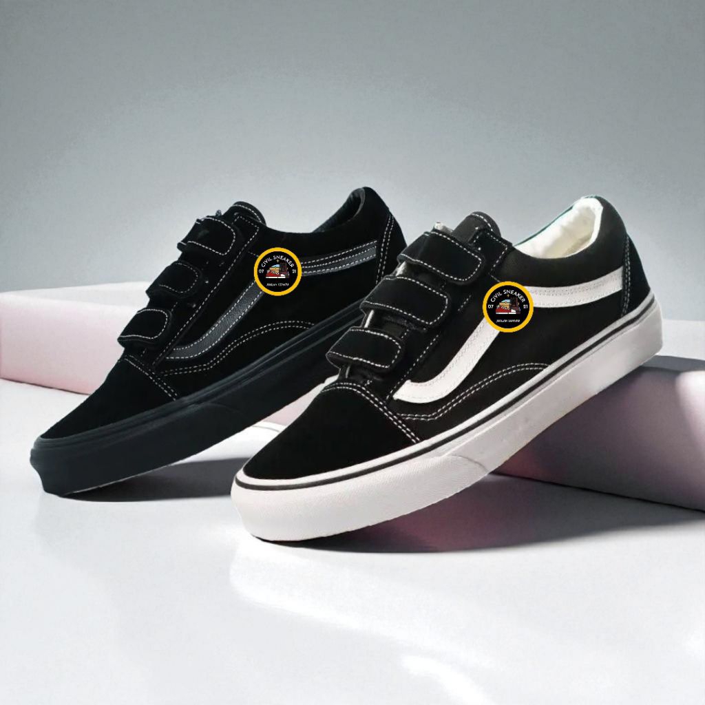 Sepatu Sneaker Sekolah Perekat Perepet Hitam Putih Pria Wanita Cowo Cewe SMP SMA SMK Black White Tan