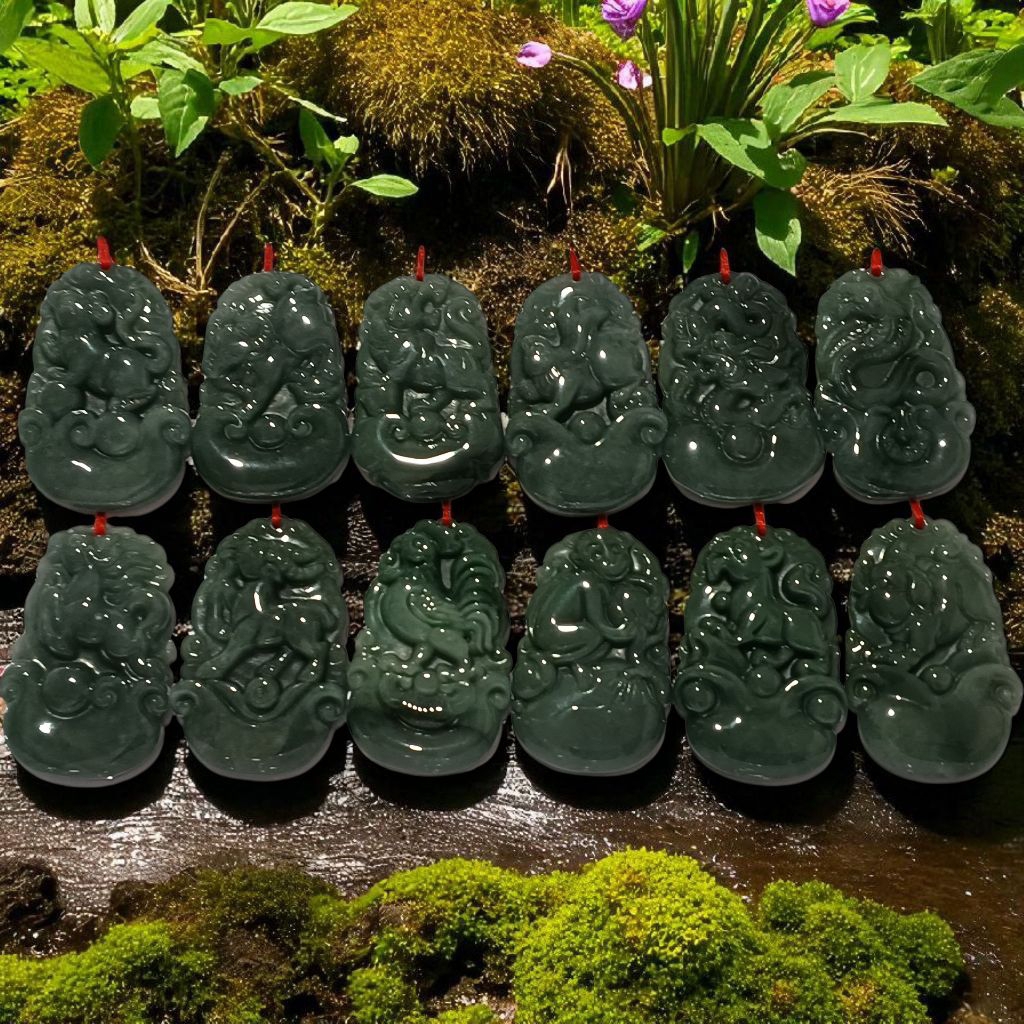 043C CARVING Natural Guatemala Blue Water Jade Jelly Stone 12 Chinese Zodiac Pendant