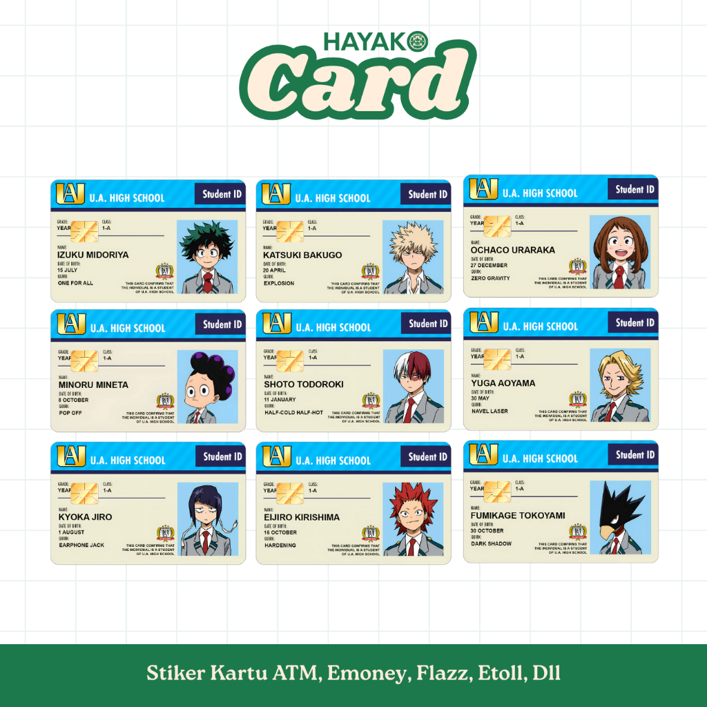 

Skin Kartu | My Hero Academia | Stiker Estetik Tahan Air Premium (Full Cover Chip/No Chip)
