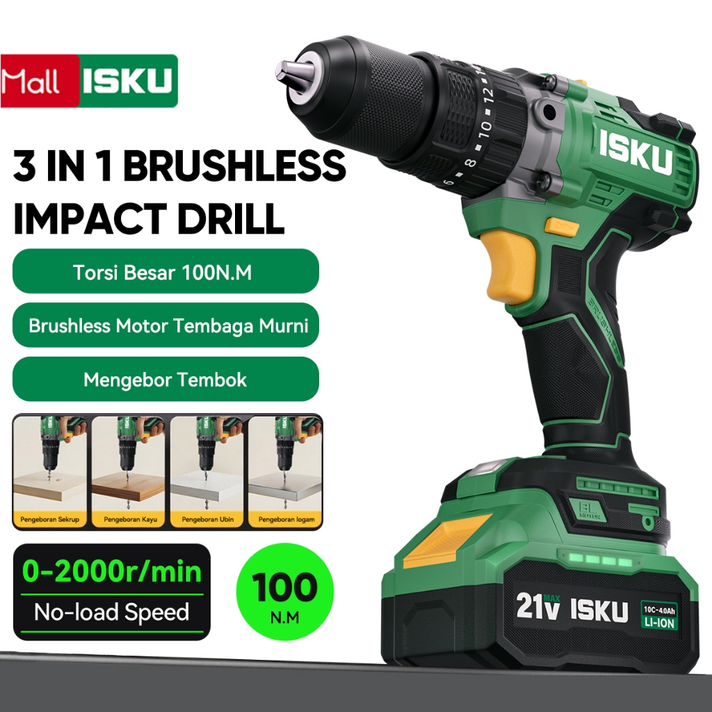 ISKU Bor Impact Drill ISKU 100NM 21V Brushless - Mesin Bor Lithium Ion 3 in 1, Torsi Besar, Kedap Ai