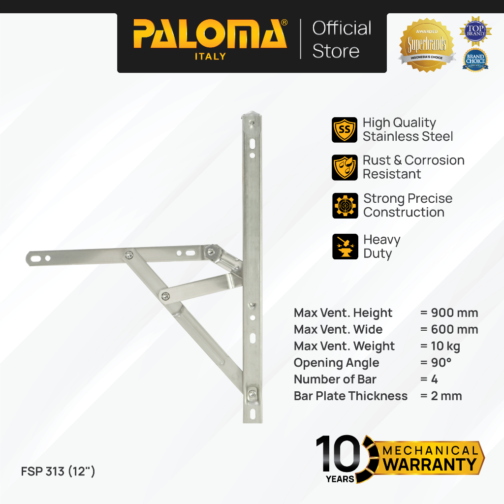 PALOMA FSP 313 Engsel Jendela Casement Window Friction Stay 12” Inch Stainless Steel Chrome Krom Sil