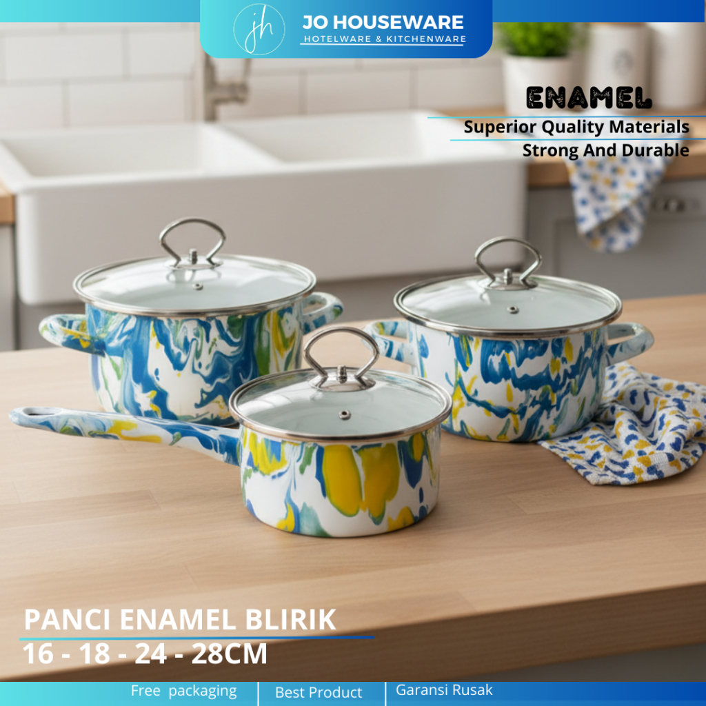 Panci Enamel Sky Blirik Tutup Kaca Ukuran 16, 18, 20cm / Panci Susu Enamel / Panci Sup Gaya Jadoel S