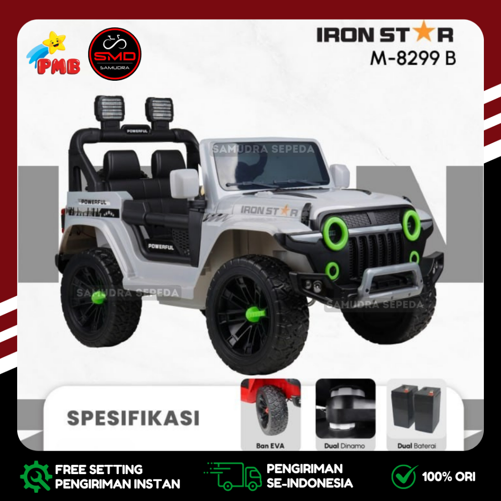 Mobil Aki Mainan Anak Cas Remot PMB Jeep Iron Star 8299B EVA KARET 12v 2 dinamo Murah BD