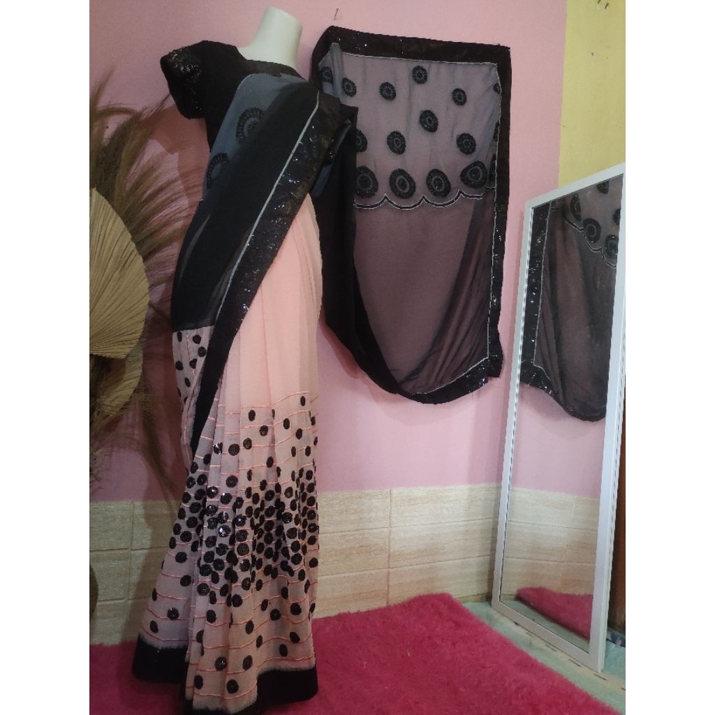 BAJU INDIA/ SAREE LILIT MEWAH CETAR CANTIK/ PINK MIX HITAM SHIFON BORDIR