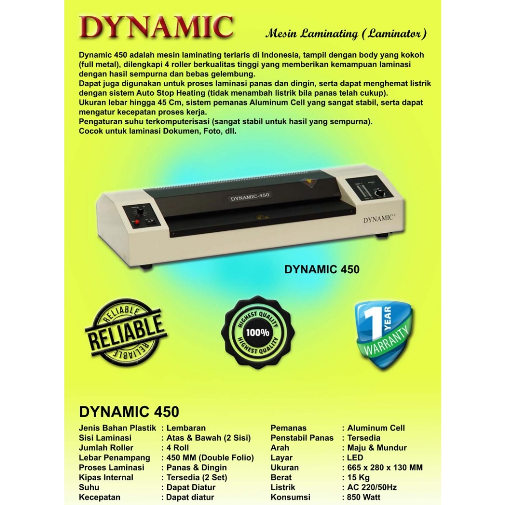 DYNAMIC 450 | Mesin Laminating, Laminator Double Folio