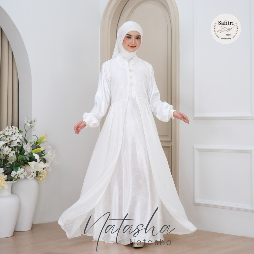 NATASHA DRESS gamis putih hitam bahan silky jacquard premium mewah luxury elegan kondangan manasik h