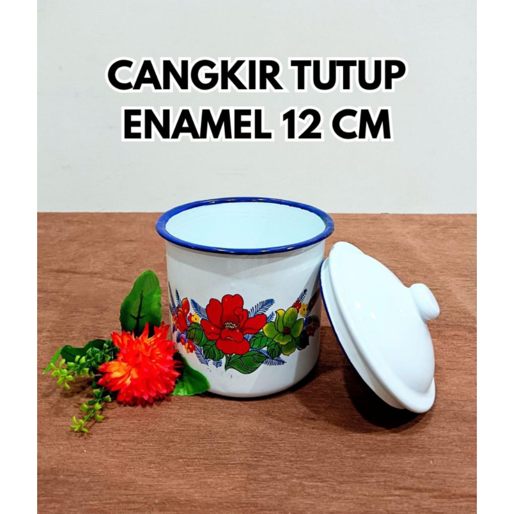 Cangkir Mug Seng Enamel Tutup Motif Bunga Ukuran 12 Cm