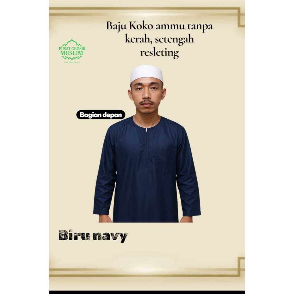 Baju Koko Ammu Dewasa Tanpa Kerah Biru Dongker Termurah 