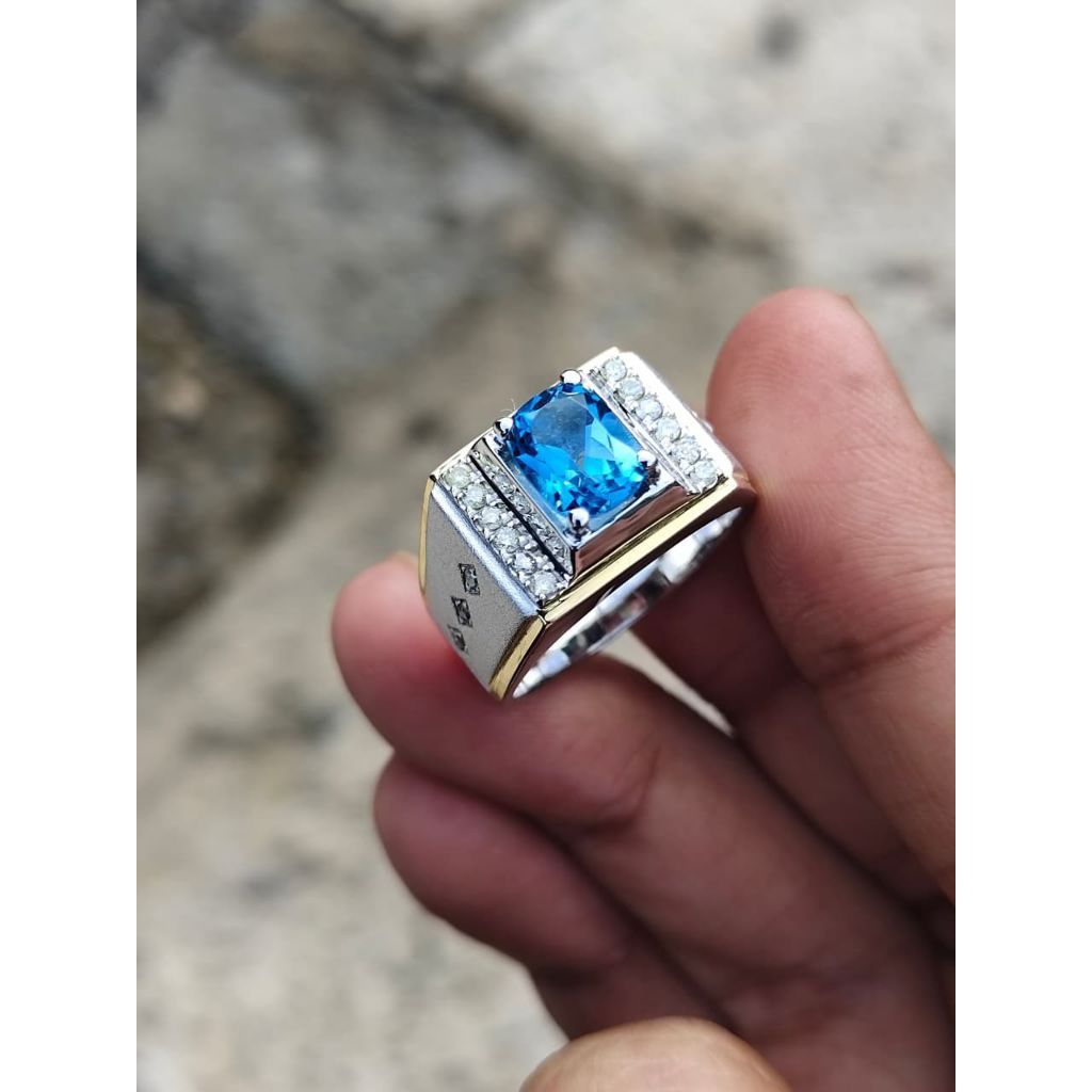 cincin pria berlian asli natural batu blue topaz