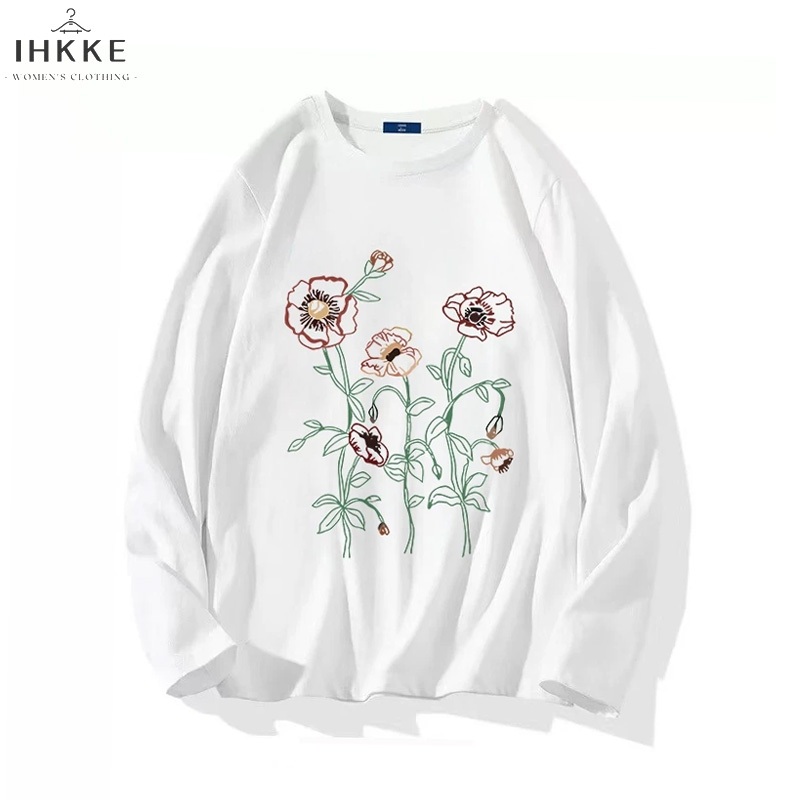 IHKKE Atasan Kaos Wanita Oversize Lengan Panjang | Cetak Bunga | Baju Kaos Polos Cotton Combed Premi